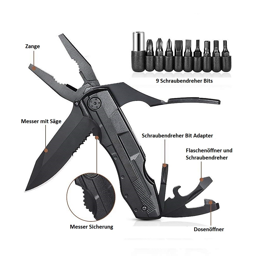 Multitool Messer Zange Taschenmesser Werkzeug 9 Bits & TascheKlappmesser 