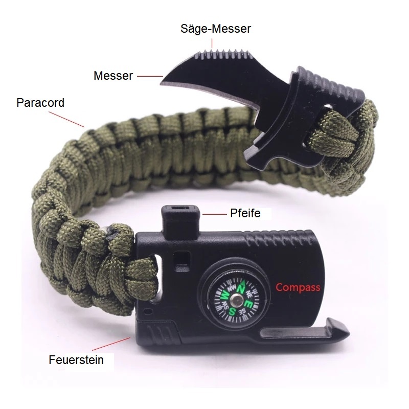 Signalpfeife Minimesser und Feuerstahl Survival Paracord Armband mit Multitool 