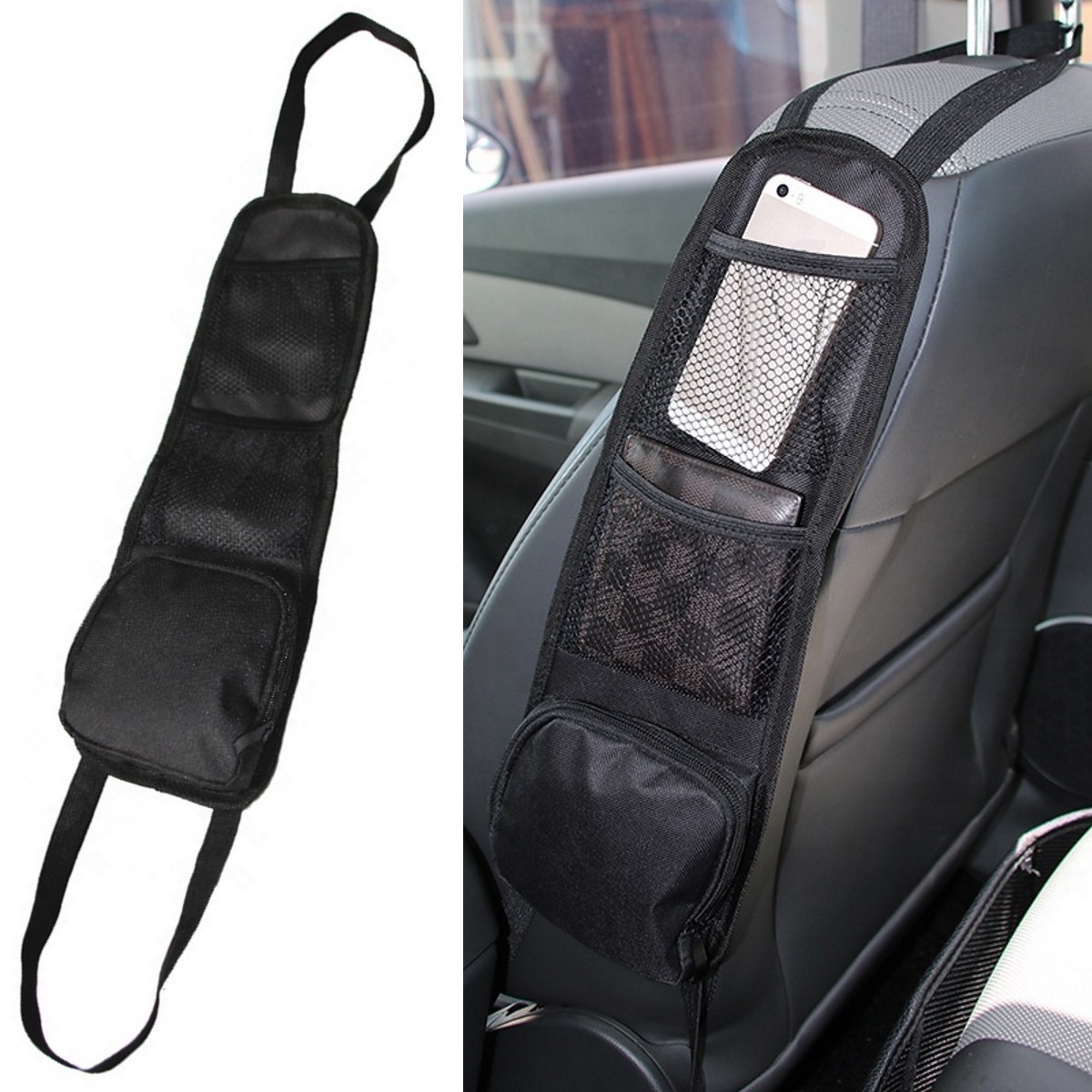 Songaa Autositz-Seiten-Organizer (2 Stück) Autositz-Aufbewahrungstasche,  geeignet für die meisten vorderen Beifahrer-Autositze, Autositz-Netztasche  für Handy mit Reißverschlusstasche, schwarz : : Baby Products