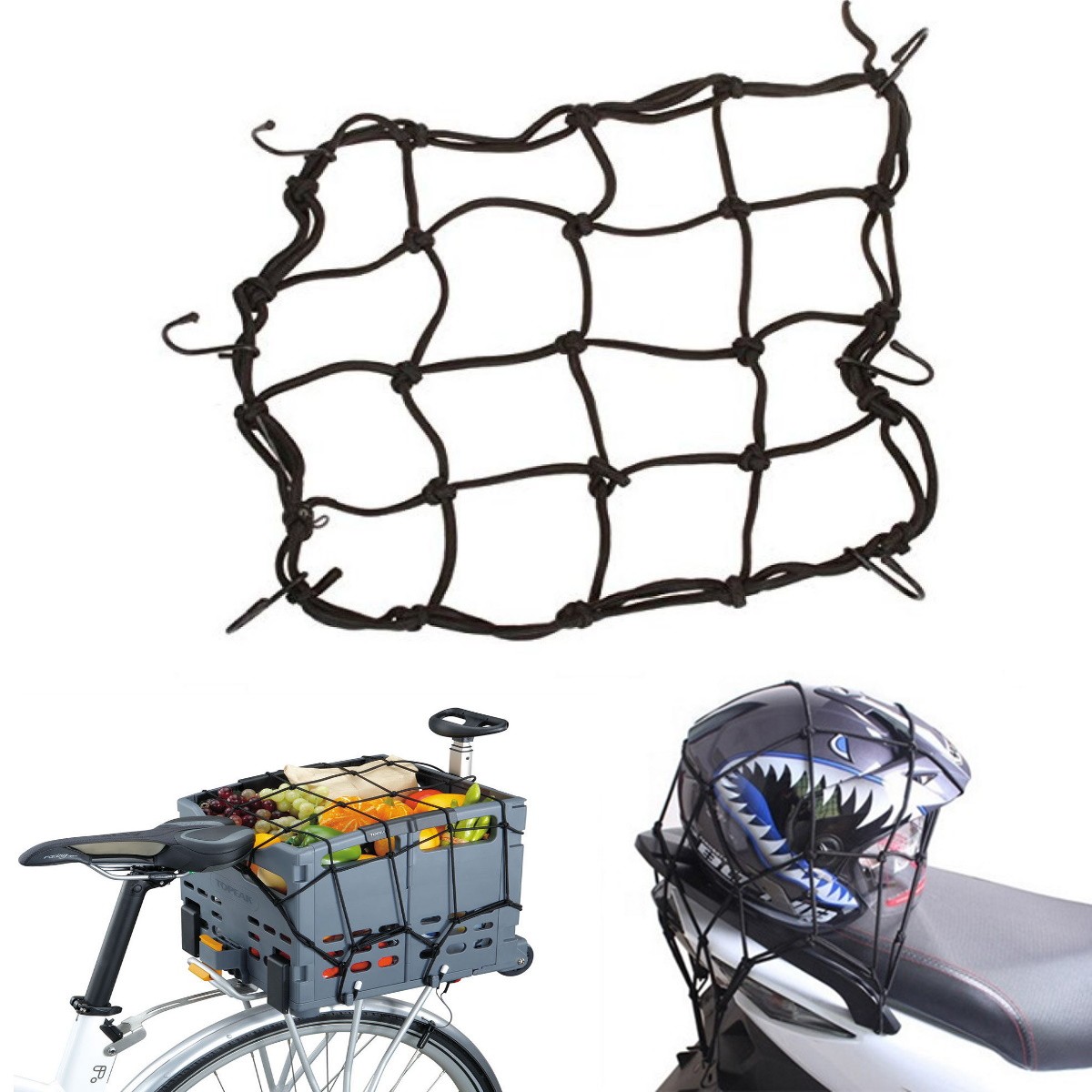 Gepäcknetz Motorrad Fahrrad Schwarz ca 40cm x 40cm Elastisch mit 6 Metall Haken