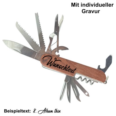 11in1 Taschenmesser mit Holzgriff Gravur, Multifunktionsmesser mit 11 Funktionen und Schlüsselring