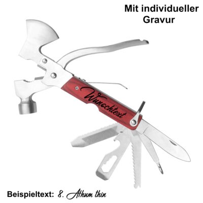 Axt Multitool mit Gravur, Multifunktionswerkzeug mit Messer, Hammer, Zange uvm.