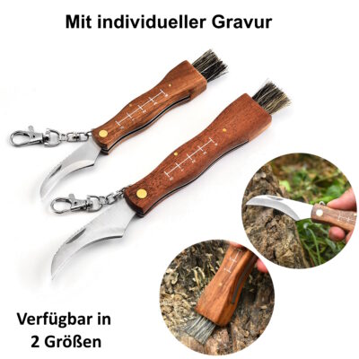 Pilzmesser mit Gravur, Bürste, Lineal und Echtholzgriff in 2 Größen